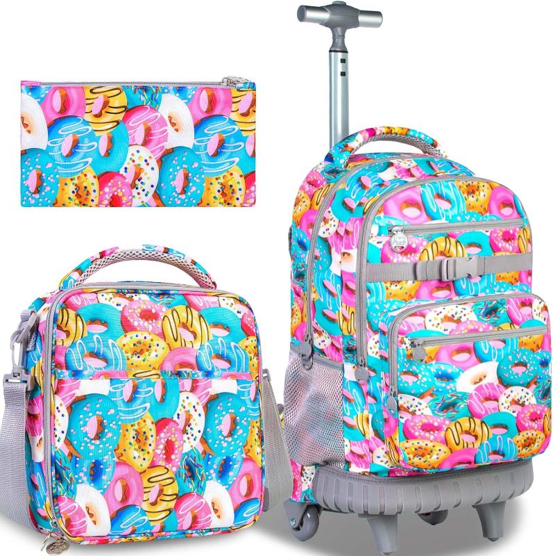 Photo 1 of 3PCS Rolling Backpack for Women, 19 Inches Travel Roller Bookbag with Wheels, Teen Girls College Backpacks Wheeled - Donuts
