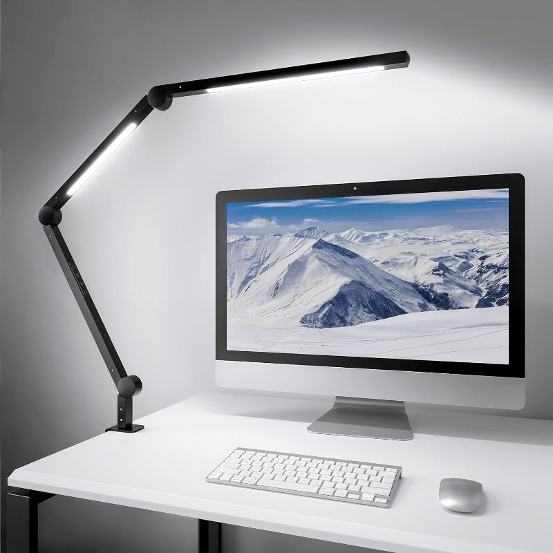 Photo 1 of MediAcous LED Desk Lamp with Clamp, Dual Light Desk Lamp with Swing Arm, 4 Color Modes & 4 Brightness Metal Table Lamp, Eye-Caring Clip-on Lamp with Memory Function for Work Study Home Office Studios
