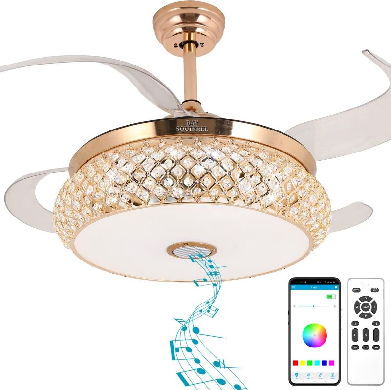 Photo 1 of BAYSQUIRREL Retractable Bluetooth Ceiling Fan with Speaker, 85 Kinds of Color Light Bluetooth Ceiling Fan with Light,6 Speed Reversible Modern Invisible Ceiling Fan,Remote and APP Control
