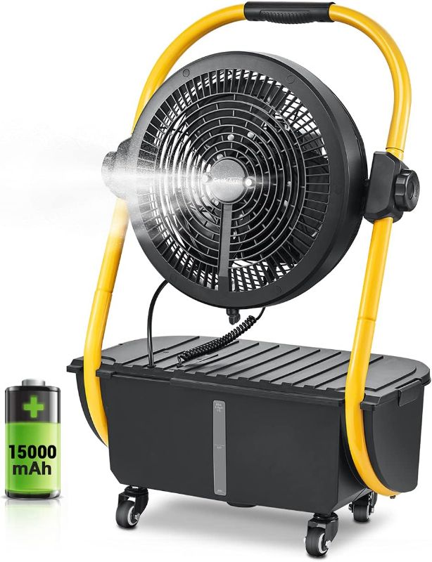 Photo 1 of Geek Aire Battery Operated Misting Fan, Rechargeable Outdoor Floor Fan with 2.9 Gal Water Tank, Powered Waterproof Durable 15000mAh Battery Run for Patio,...
