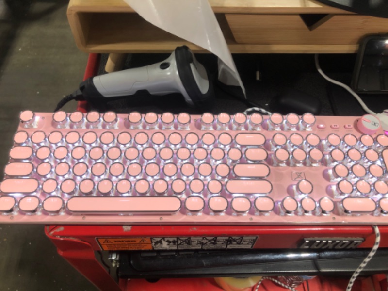 Photo 2 of Retro Steampunk Typewriter-Style Gaming Keyboard, Blue Switches,Pure White Backlight, USB Wired, for PC Laptop Desktop Computer, for Game and Office, Stylish Pink Mechanical Keyboard Round Keycaps