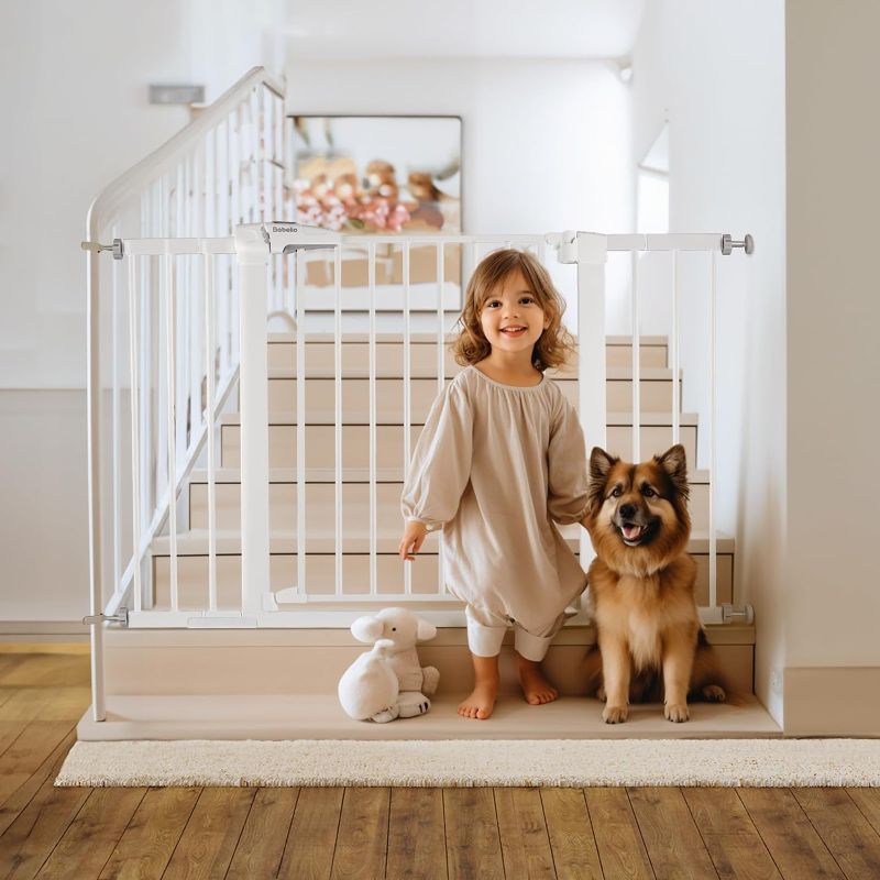 Photo 1 of BABELIO Metal Baby Gate Dog Gate 29-48 Inch Extra Wide Pet Gate for Stairs & Doorways, Pressure Mounted Walk Thru Child Gate with Door, NO Need Tools NO Drilling, with Wall Cups
