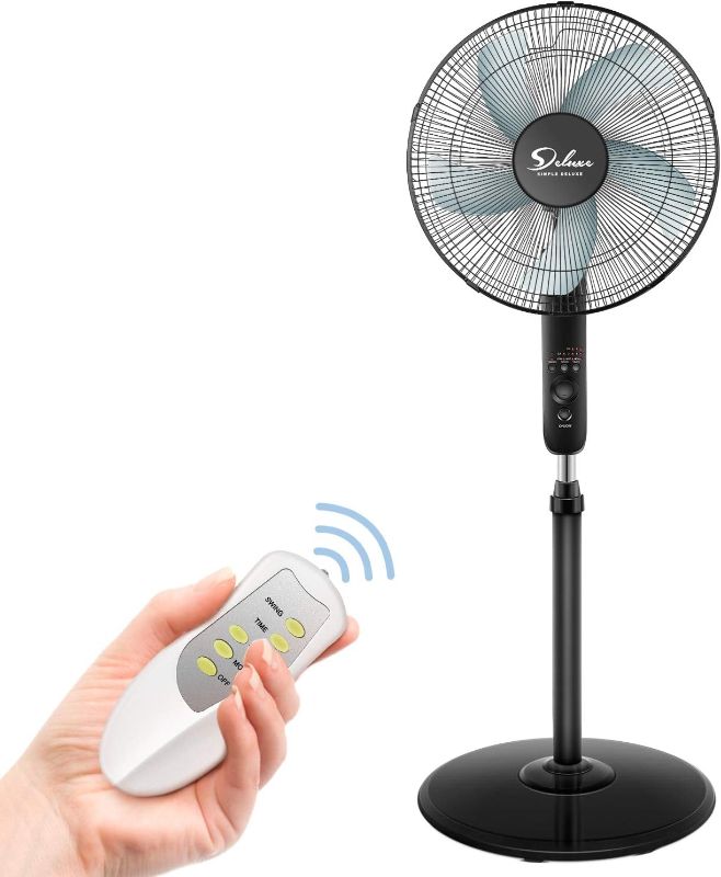 Photo 1 of Simple Deluxe Oscillating 16? Adjustable 3 Speed Pedestal Stand Fan with Remote Control for Indoor, Bedroom, Living Room, Home Office & College Dorm Use, 16 Inch, Black
