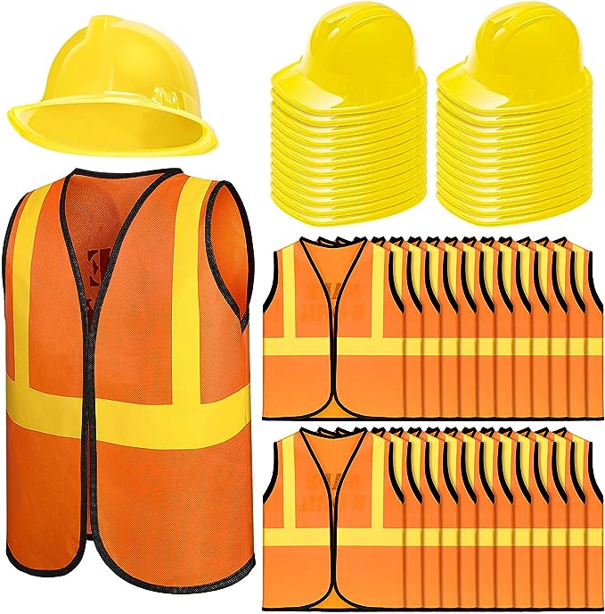 Photo 1 of 48 Pieces Kids Construction Worker Costume Includes 24 Pcs Construction Hats and 24 Pcs Construction Vests for Kids Birthday Party Halloween Construction Worker Costume Favor Decoration