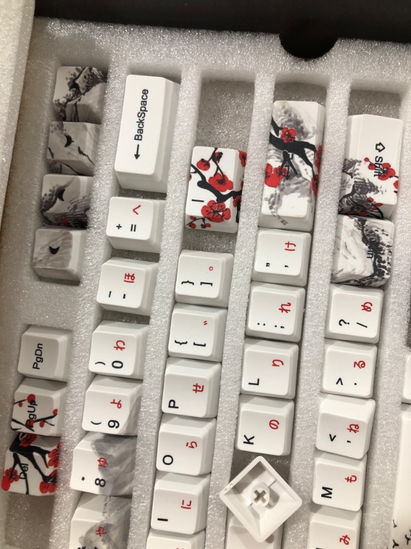 Photo 1 of JSJT Custom Keycap-Keycaps 65 Percent Suitable for GK68/RK68 Mechanical Keyboards 68 White Key Set Japanese Keycaps OEM Profile PBT Keycaps with Keycap Puller (Plum Blossom Keycaps) 68-JP