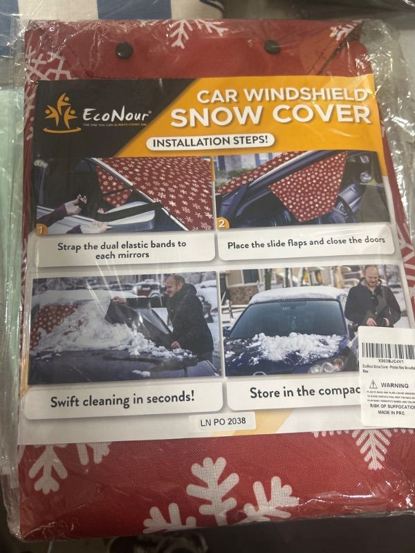 Photo 2 of EcoNour Car Windshield Snow Cover for Car Decor | Tough 600D Polyester Fabric Windshield Snow Cover | Water & Sag-Proof Christmas Car Accessories for Ice Removal | Standard (69 x 42 inches) Red Snowflakes