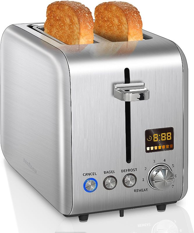 Photo 1 of SEEDEEM Toaster 2 Slice, Stainless Steel Bread Toaster with Colorful LCD Display, 7 Bread Shade Settings, 1.4'' Wide Slots Toaster with Bagel/Defrost/Reheat Functions, Removable Crumb Tray, 900W, Silver Metallic

