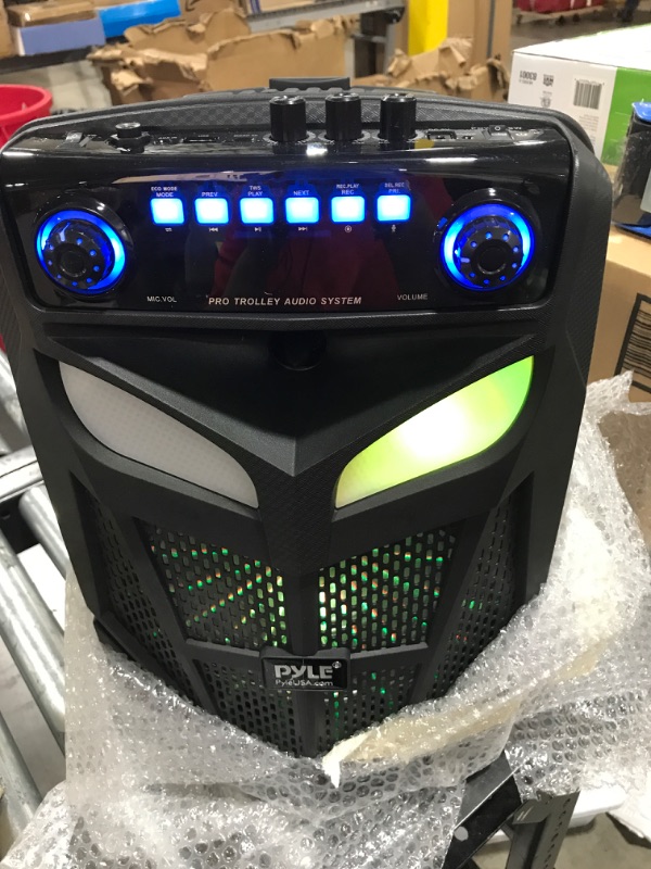 Photo 2 of Pyle Portable Bluetooth PA Speaker System-600W 10” Indoor/Outdoor BT Speaker-Includes 2 Wireless Microphones, Party Lights, USB SD Card Reader, FM Radio, Rolling Wheels-Remote Control PPHP101WMB