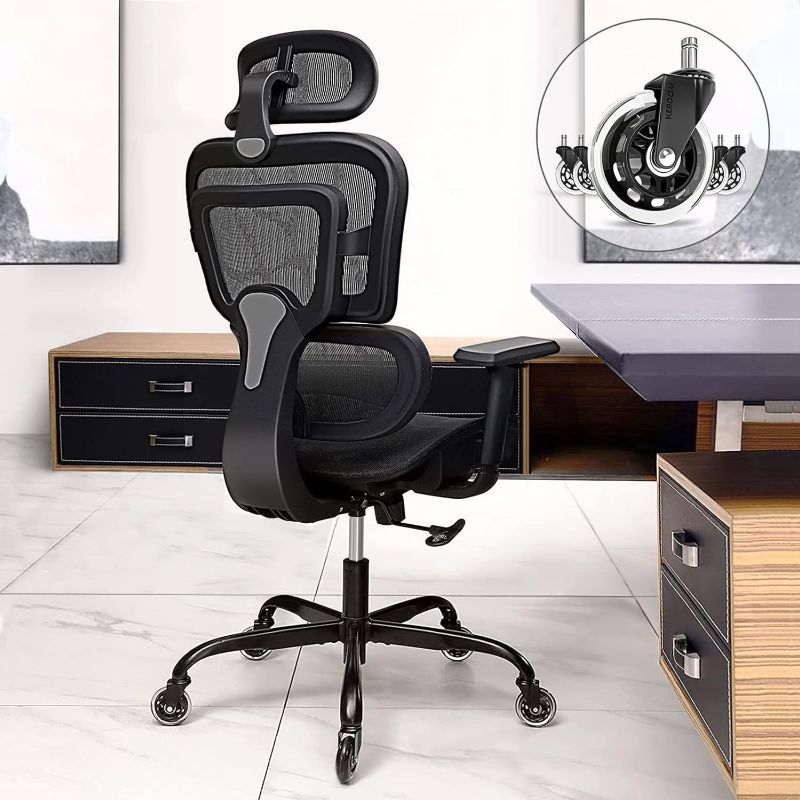 Photo 1 of Office Chair, KERDOM Ergonomic Desk Chair, Comfy Breathable Mesh Task Chair with Headrest High Back, Home Computer Chair 3D Adjustable Armrests, Executive Swivel Chair with Roller Blade Wheels
