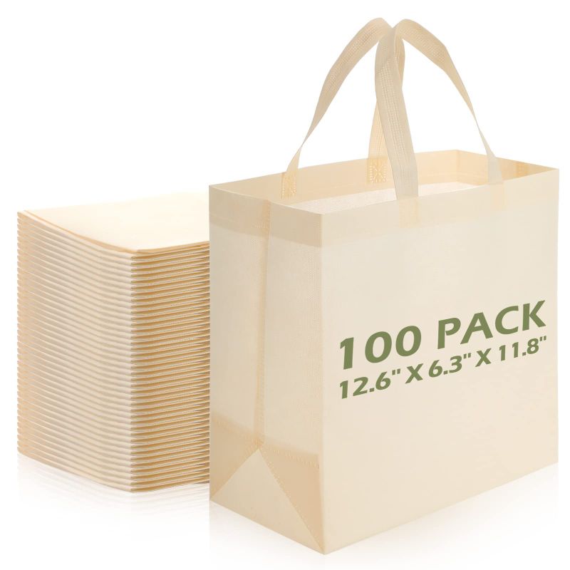 Photo 2 of 100 Pieces Reusable Totes Bag Set Non Woven Grocery Bag with Handles Fabric Portable Tote Bag Bulk(Beige)