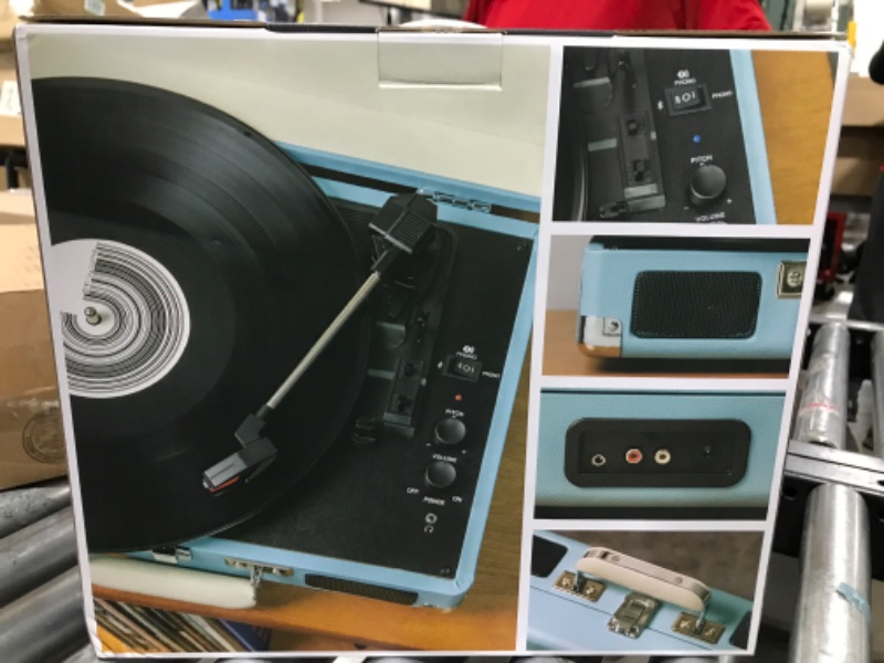 Photo 2 of Crosley CR8005F-TU Cruiser Plus Vintage 3-Speed Bluetooth in/Out Suitcase Vinyl Record Player Turntable, Turquoise/White Bluetooth In/Out Turquoise/White