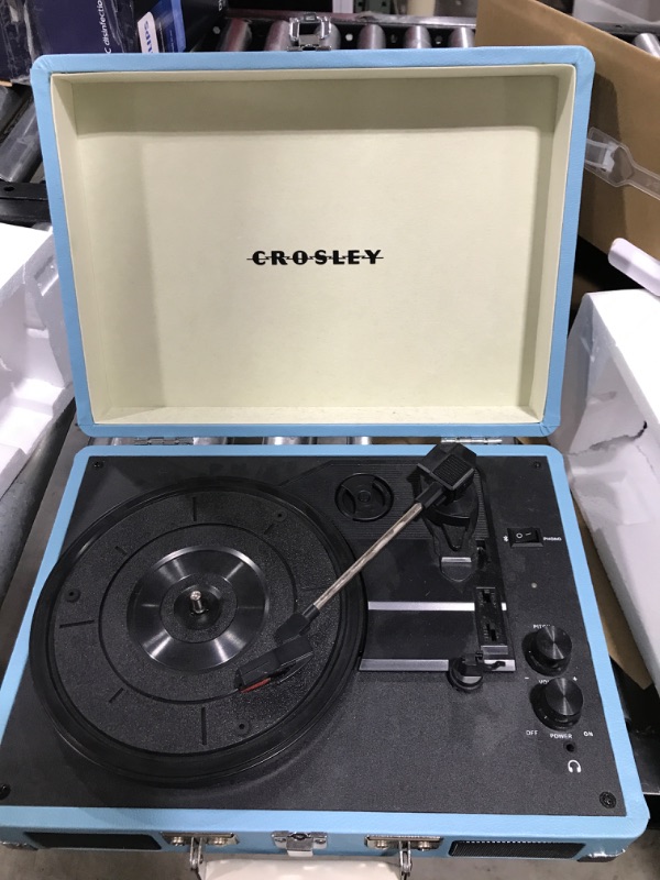 Photo 3 of Crosley CR8005F-TU Cruiser Plus Vintage 3-Speed Bluetooth in/Out Suitcase Vinyl Record Player Turntable, Turquoise/White Bluetooth In/Out Turquoise/White