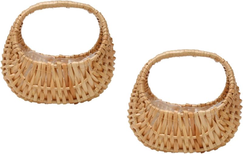 Photo 1 of 2 PCS Wicker Flower Girl Basket Half Moon Shaped Rattan Woven Flower Basket Willow Straw Basket Handheld Flower Arrangement Basket for Wedding Birthday Party