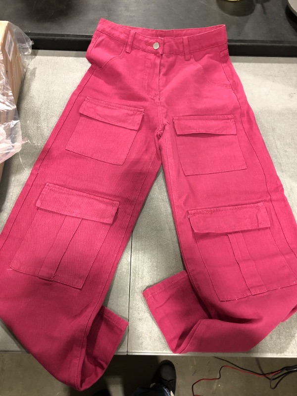 Photo 2 of Women's High Waist Baggy Jeans Flap Pocket Relaxed Fit Straight Wide Leg Y2K Fashion Cargo Jeans Pink Small