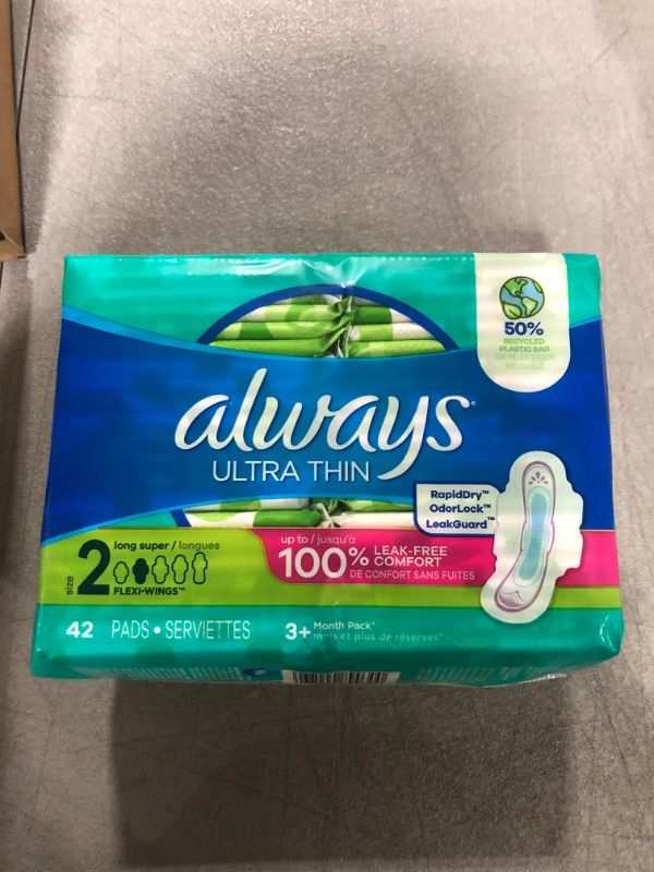 Photo 2 of Always Ultra Thin, Feminine Pads For Women, Size 2 Long Super Absorbency, With Wings, Unscented, 42 Count 42 Count (Pack of 1)