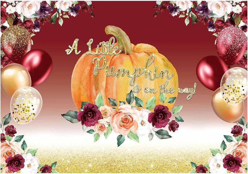 Photo 1 of  7x5ft Autumn Pumpkin Baby Shower Party Backdrop A Litttle Pumpkin is On The Way Red Burgundy Fall Photography Background Gold Glitter Floral Balloon Cake Table Decoration Banner Photo Booth
