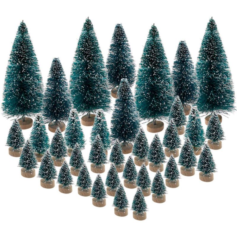 Photo 1 of 36PCS Mini Artificial Christmas Trees Plastic Sisal Trees Bottle Brush Trees Snow Frost Ornaments with Wood Base for Christmas Home Party Table Top Decor Winter Crafts