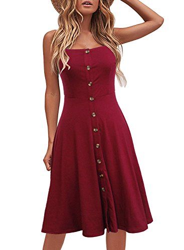 Photo 1 of Berydress Women's Casual Beach Summer Dresses Solid Cotton Flattering A-Line Spaghetti Strap Button Down Midi Sundress Medium Burgundy - MEDIUM