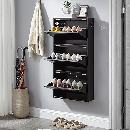 Photo 1 of 3 Drawer Shoe Storage Cabinet - SPACEROCK Wall Mounted & No-Assembly 20“ Metal Shoe Cabinet for Entryway, Hallway, and Corridor, Holds 9 Pair Shoes, Black