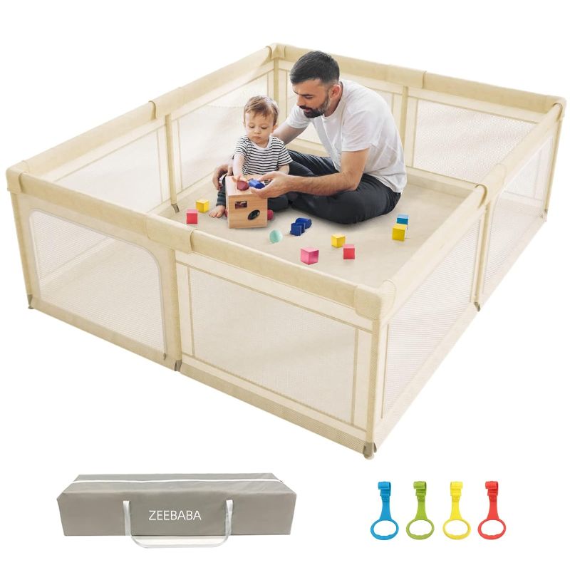 Photo 1 of Baby Playpen, Playpen for Babies and Toddlers, Extra Large Playpen, Play pens for Babies and Toddlers (59 * 59 Beige playpen Without mat)
