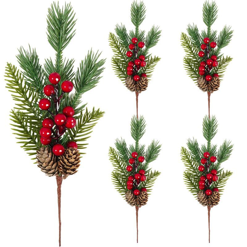 Photo 1 of 2 PACK OF Ecmln 5 Pack Christmas Artificial Pine Picks Red Berry Pine Needles Stems with PineCones for Christmas Crafts Xmas Tree Wreath DIY Floral Arrangements Party Festive Home Season Decorations
