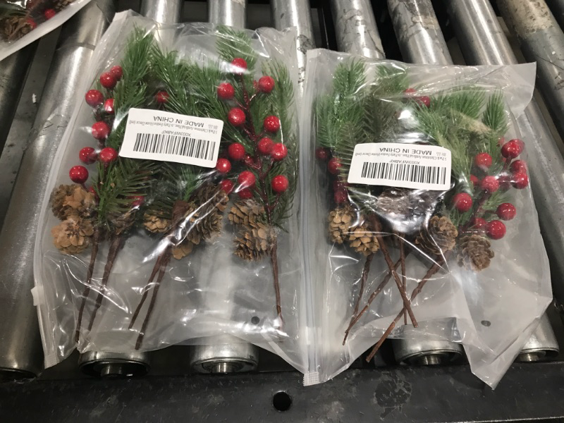 Photo 2 of 2 PACK OF Ecmln 5 Pack Christmas Artificial Pine Picks Red Berry Pine Needles Stems with PineCones for Christmas Crafts Xmas Tree Wreath DIY Floral Arrangements Party Festive Home Season Decorations
