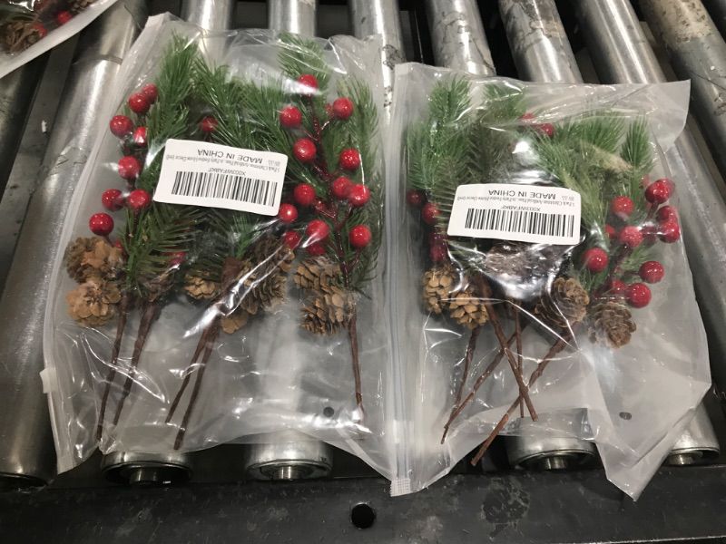 Photo 2 of 2 PACK OF  Ecmln 5 Pack Christmas Artificial Pine Picks Red Berry Pine Needles Stems with PineCones for Christmas Crafts Xmas Tree Wreath DIY Floral Arrangements Party Festive Home Season Decorations
