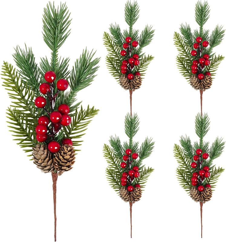 Photo 1 of 2 PACK OF Ecmln 5 Pack Christmas Artificial Pine Picks Red Berry Pine Needles Stems with PineCones for Christmas Crafts Xmas Tree Wreath DIY Floral Arrangements Party Festive Home Season Decorations
