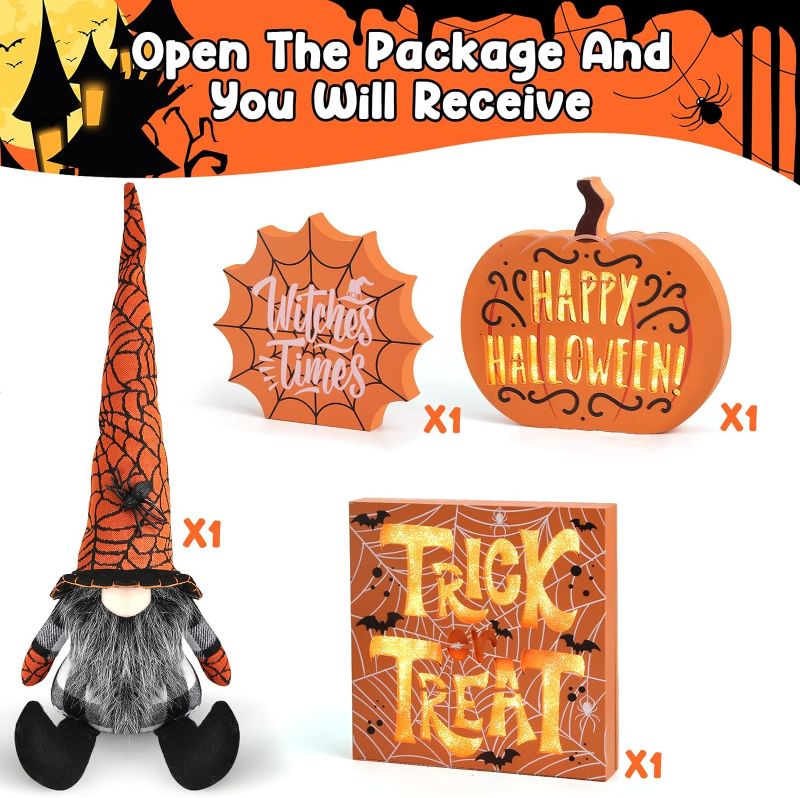 Photo 1 of [Light Up] Halloween Tiered Tray Decorations, Halloween Decor with Cute Gnomes Plush, 2 Light Up Wooden Signs and 1 Rustic Wooden Sign, Halloween Decorations for Home Indoor Table Room Office
