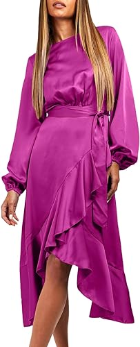 Photo 1 of BLENCOT Women's Satin Ruffle Hem Split Midi Dress Long Sleeve Wrap Front Tie Knot Formal Party Long Evening Dress 