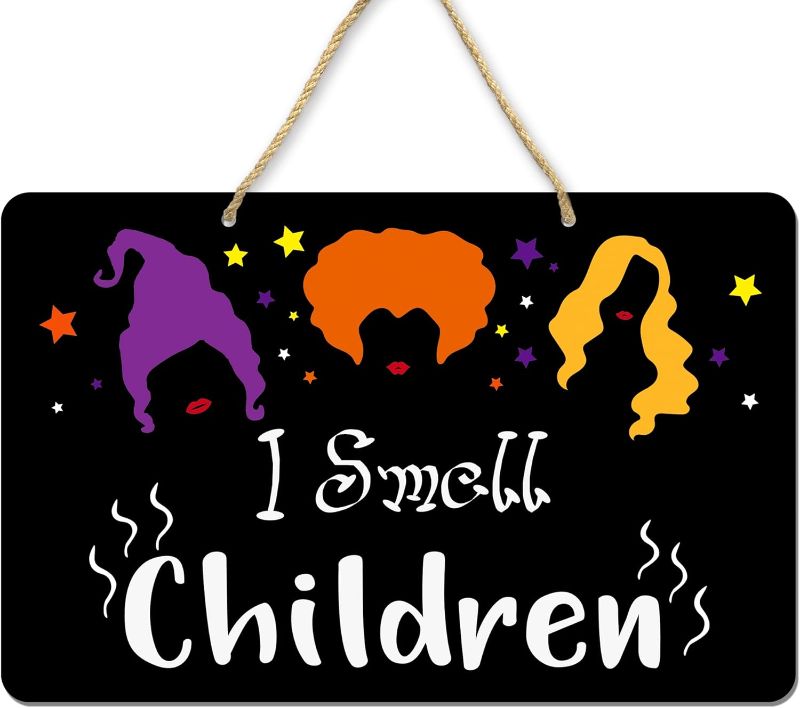 Photo 1 of 2 PACK Uflashmi I Smell Children Door Sign, Hocus Pocus Door Hanger Sign for Halloween Decorations, Halloween Hanging Signs for Home Front Door Wall Decor, Metal, 11x7 Inches 