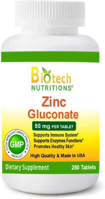 Photo 1 of Biotech Nutritions Zinc Gluconate 50 mg 250 Tablets Made in USA Vegetarian/Vegan Zinc Gluconate 250 Count