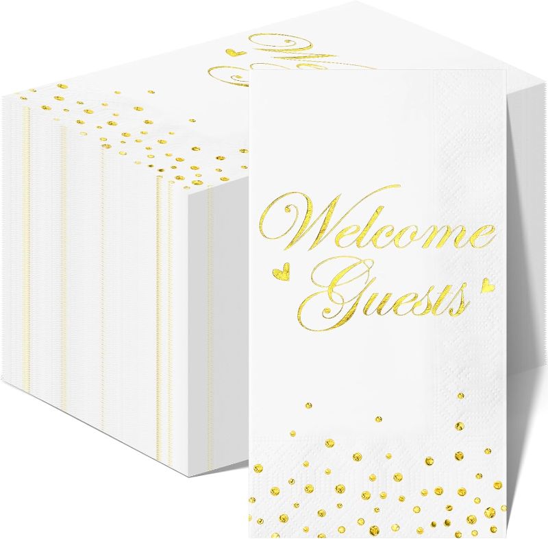 Photo 1 of 100 Pcs Gold Welcome Friends Guests Paper Napkins, Decorative Disposable Metallic Gold Foil Cocktail Party Napkins, Elegant Paper Guest Hand Towels for Wedding Birthday Baby Shower Party, Rectangle 