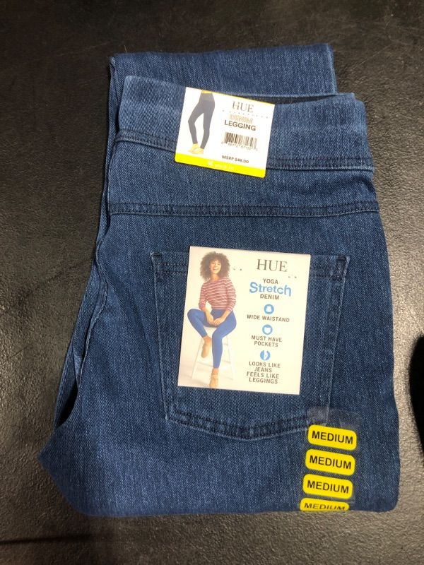 Photo 2 of [Size M] Hue Women's Mid-Rise Stretch Slim Fit Pull On Denim Leggings (Med Wash)