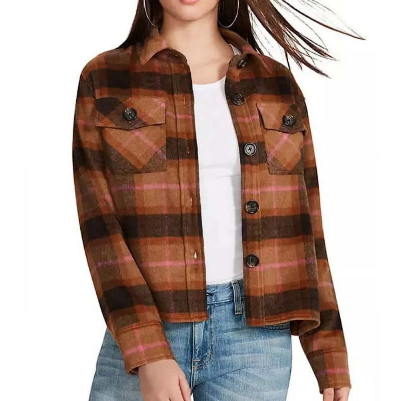 Photo 1 of [Size XXL] BB Dakota By Steve Madden Women's Button Down Boxy Shacket (Cashew Plaid, XXL)
