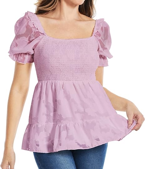 Photo 1 of [Size L] Women Peplum Tops Square Neck lace Blouse Chiffon Jacquard Short Sleeve Casual Cute Dressy top Summer 