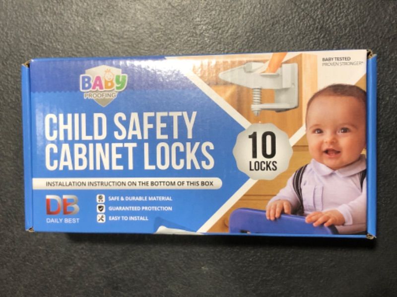 Photo 2 of Cabinet Locks for Babies - Child Safety Latches 10 Pack - Invisible Adhesive Baby Proofing Drawer Locks - Works with Most Cabinets and Drawers - No Drilling Installation - (White)