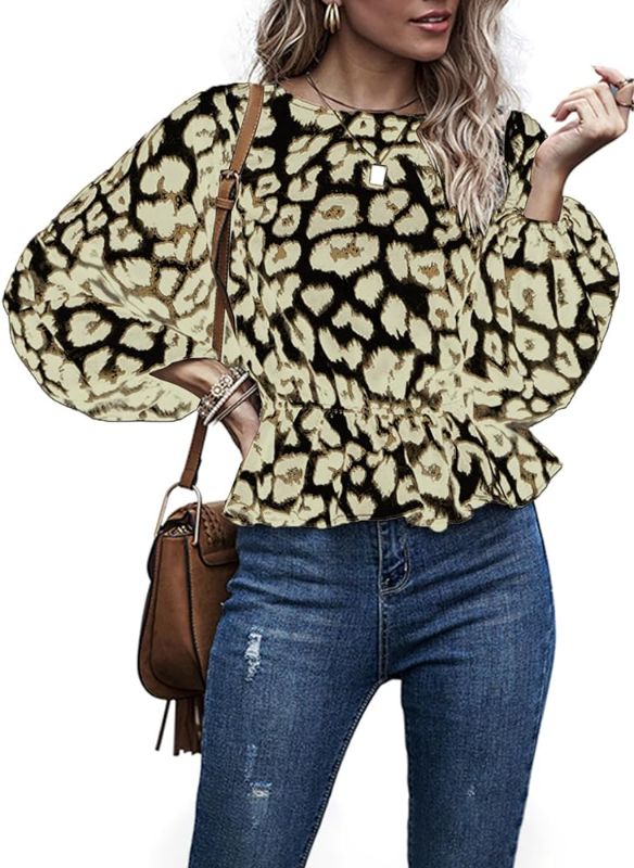 Photo 1 of [Size L] SHEWIN Womens Tops Cute Crew Neck Long Sleeve Chiffon Peplum Tops Leopard Print Blouses for Women Dressy Casual