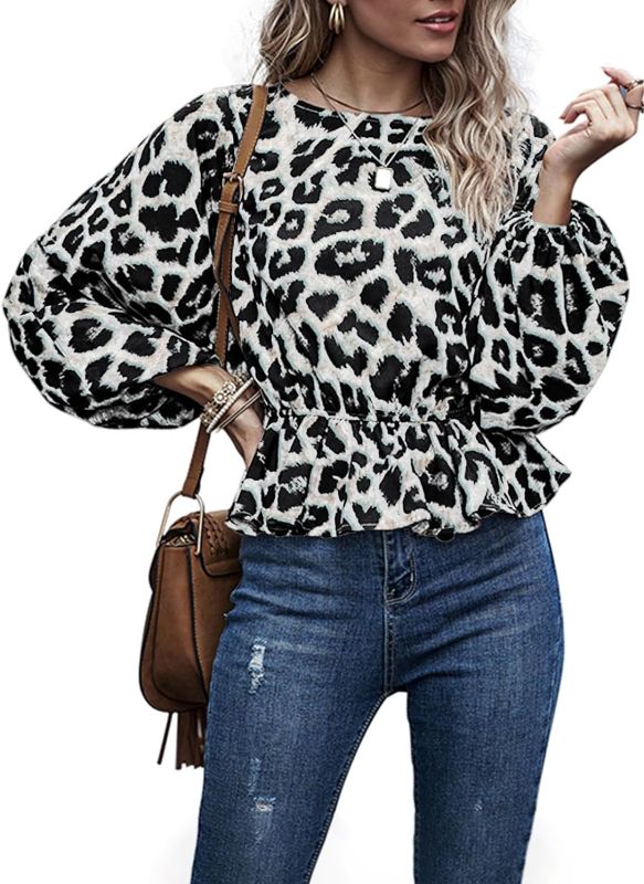 Photo 1 of [Size L] SHEWIN Womens Tops Cute Crew Neck Long Sleeve Chiffon Peplum Tops Leopard Print Blouses for Women Dressy Casual