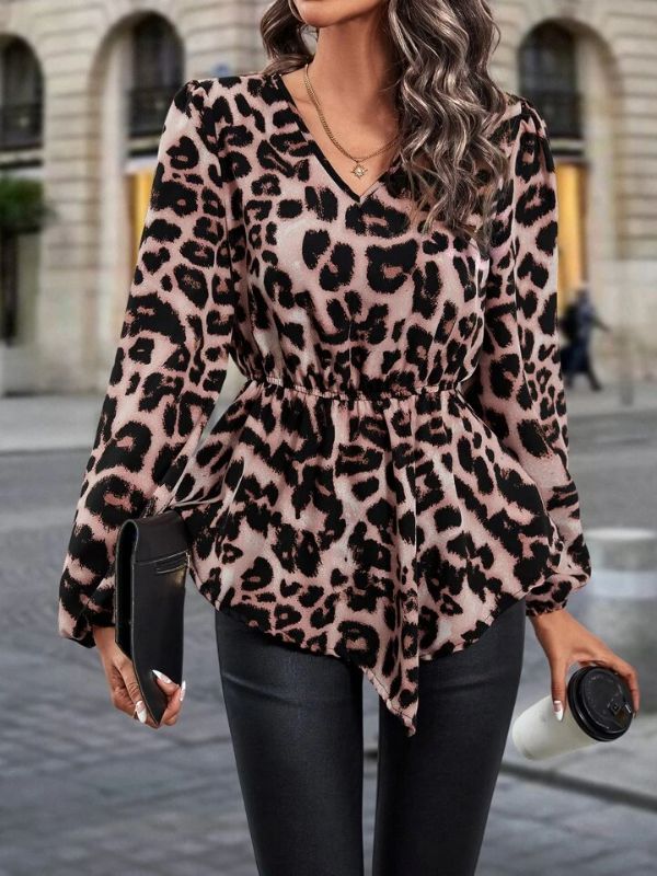 Photo 1 of [Size S] SHEWIN Womens Tops Cute Crew Neck Long Sleeve Chiffon Peplum Tops Leopard Print Blouses for Women Dressy Casual