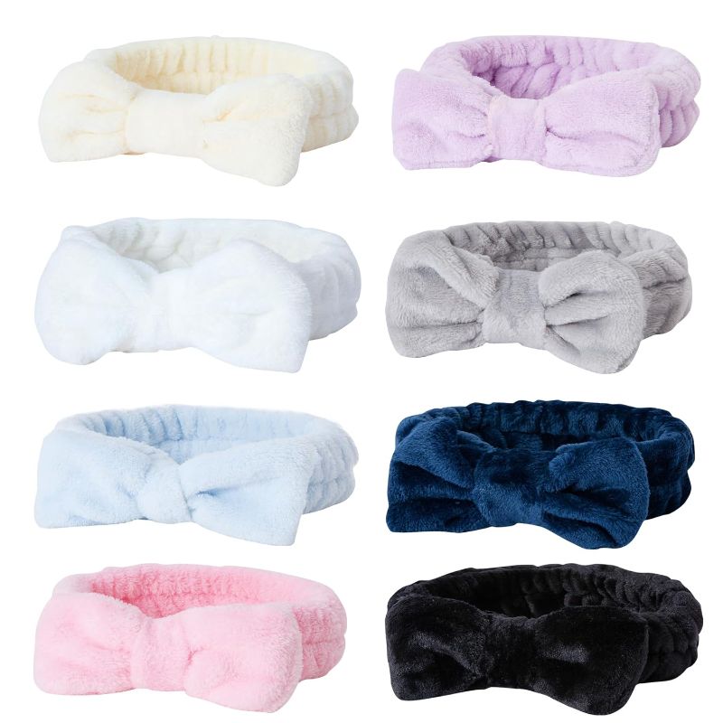 Photo 1 of 8 Pack Spa Headband Soft Bow Hair Band Coral Fleece Women Facial Makeup Head Band Terry Cloth Band Spa Facial Headband for Makeup and Washing Face Elastic Head Band Wrap