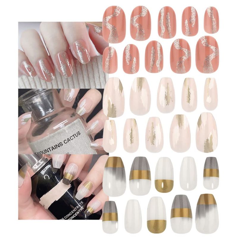 Photo 1 of AMY'S DIARY 24pcs Pink Gold Short Press on Nails Fake Nails Square Glossy False Nail Tips Artificial Finger Manicure for Women and Girls (10) 