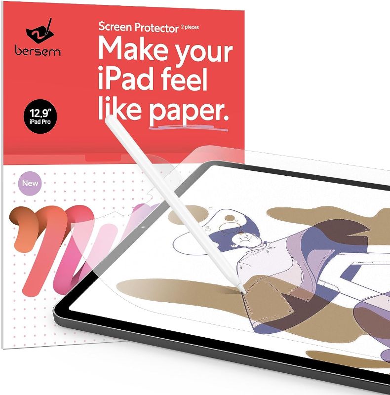 Photo 1 of BERSEM [2 PACK] Paperfeel Screen Protector Compatible with iPad Pro 12.9 Inch (2022 & 2021 & 2020 & 2018), iPad Pro 12.9 6th / 5th / 4th / 3rd Generation Matte PET Film for Drawing Anti-Glare,Face ID Compatible, Paperfeel Film
