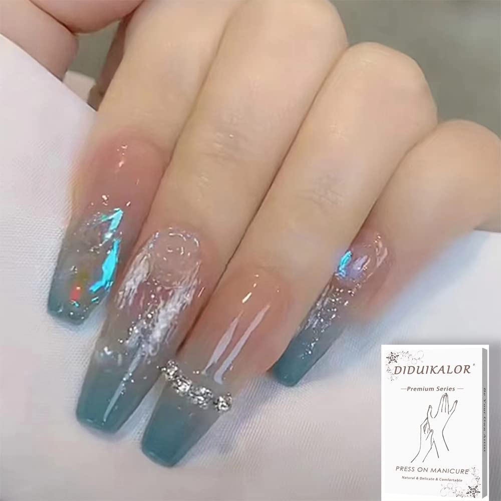 Photo 1 of 24Pcs Press on Nails Long, 3D Rhinestones Coffin Fake Nails with Designs, Glossy Ballerina Acrylic Nails Press on, Glitter Glue on Nails Square False Nails, Stick on Nails for Women (Blue Flower)