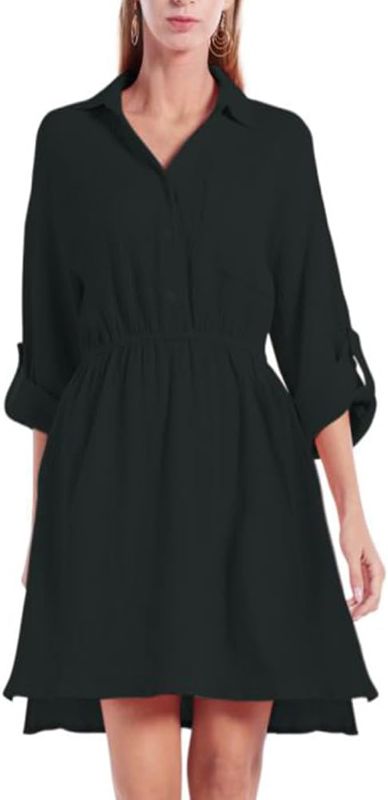 Photo 1 of [Size M] Women's Rolled Up 3/4 Sleeve Button Down Shirt Dresses Casual Fall Dresses with Pockets 