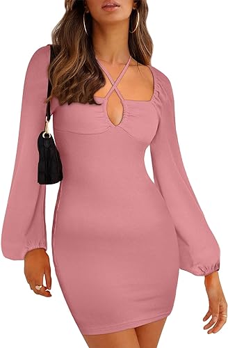 Photo 1 of Allytok Womens Long Sleeve Square Neck Mini Dresses Party Cocktail Y2K Bodycon Dress SMALL
