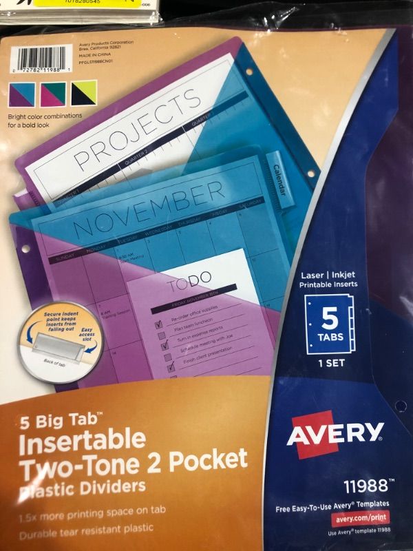 Photo 2 of Avery Big Tab Insertable 2 Pocket Dividers for 3 Ring Binders, 5-Tab Set, Bright Two-Tone Multicolor, 1 Set (11988) & Heavy-Duty View 3 Ring Binder, 1" One Touch EZD Rings, 1 White Binder (79199) Dividers + Binder Contemporary