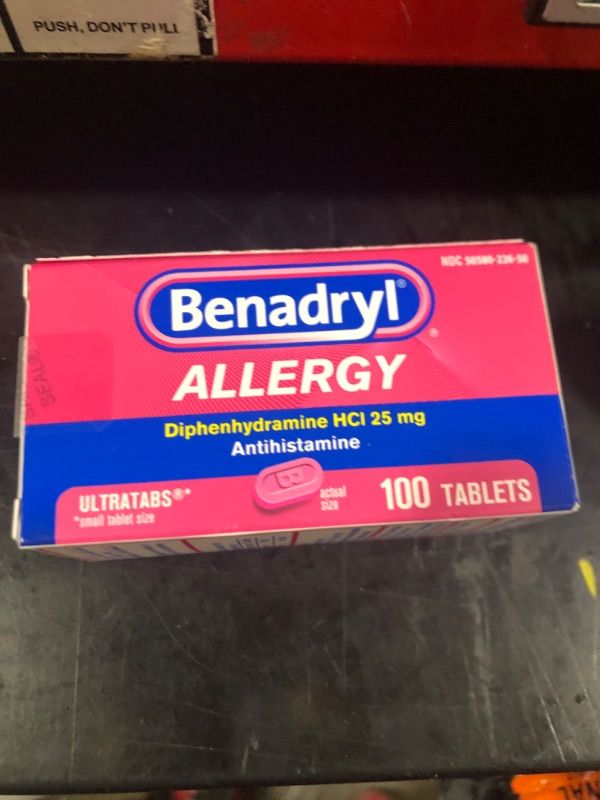 Photo 2 of Benadryl Ultratabs Antihistamine Allergy Relief Medicine, Diphenhydramine HCl Tablets for Relief of Cold & Allergy Symptoms Such as Sneezing, Runny Nose, & Itchy Eyes & Throat, 100 ct 100 Count (Pack of 1)
04/2025