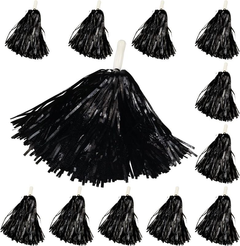 Photo 2 of 12PCS Black Pom Poms Cheerleading Fluffy Cheer Pom Poms Squad Team Spirited Pompoms for Party Sports Dance