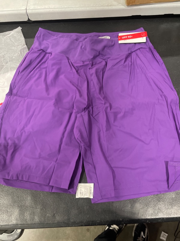 Photo 2 of BALEAF Women's Knee Length Long Shorts Running Bermuda Shorts 9" High Waisted Zip Pockets Quick Dry Casual Summer Large Purple